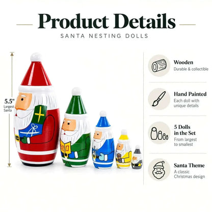 Set of 5 Multicolor Santa with Christmas Gifts Wooden Nesting Dolls 5.5 Inches Cartsfy Inc.