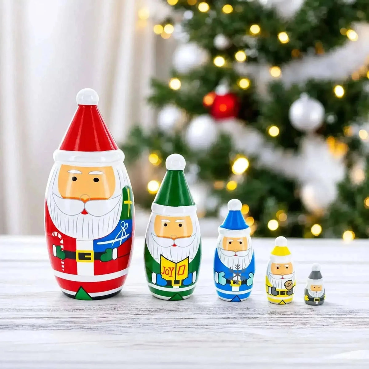 Set of 5 Multicolor Santa with Christmas Gifts Wooden Nesting Dolls 5.5 Inches Cartsfy Inc.