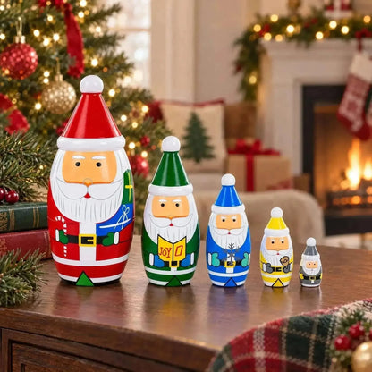 Set of 5 Multicolor Santa with Christmas Gifts Wooden Nesting Dolls 5.5 Inches Cartsfy Inc.