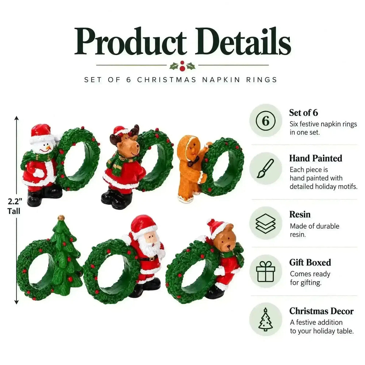 Set of 6 Santa, Snowman, Reindeer, Christmas Wreath Napkin Rings 2.5 Inches Cartsfy Inc.