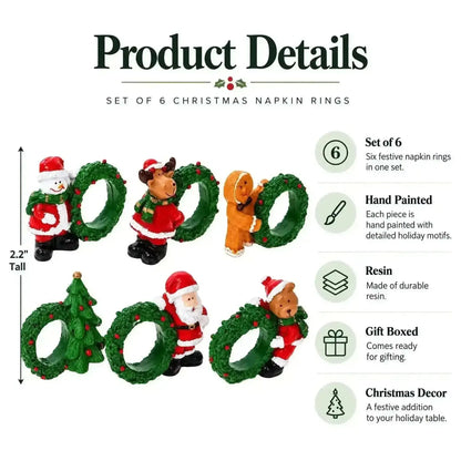 Set of 6 Santa, Snowman, Reindeer, Christmas Wreath Napkin Rings 2.5 Inches Cartsfy Inc.