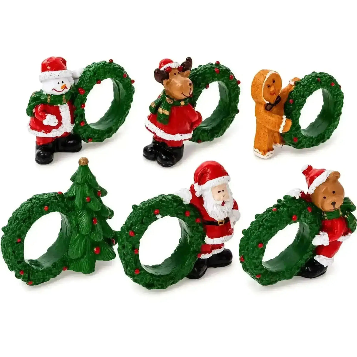 Set of 6 Santa, Snowman, Reindeer, Christmas Wreath Napkin Rings 2.5 Inches Cartsfy Inc.