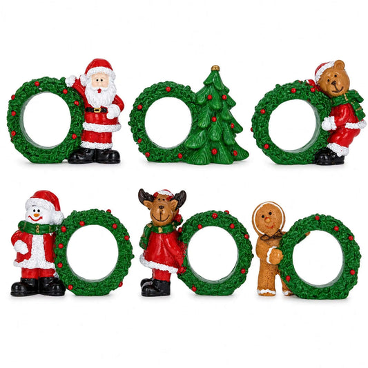 Set of 6 Santa, Snowman, Reindeer, Christmas Wreath Napkin Rings 2.5 Inches BestPysanky Default Title Default Title-