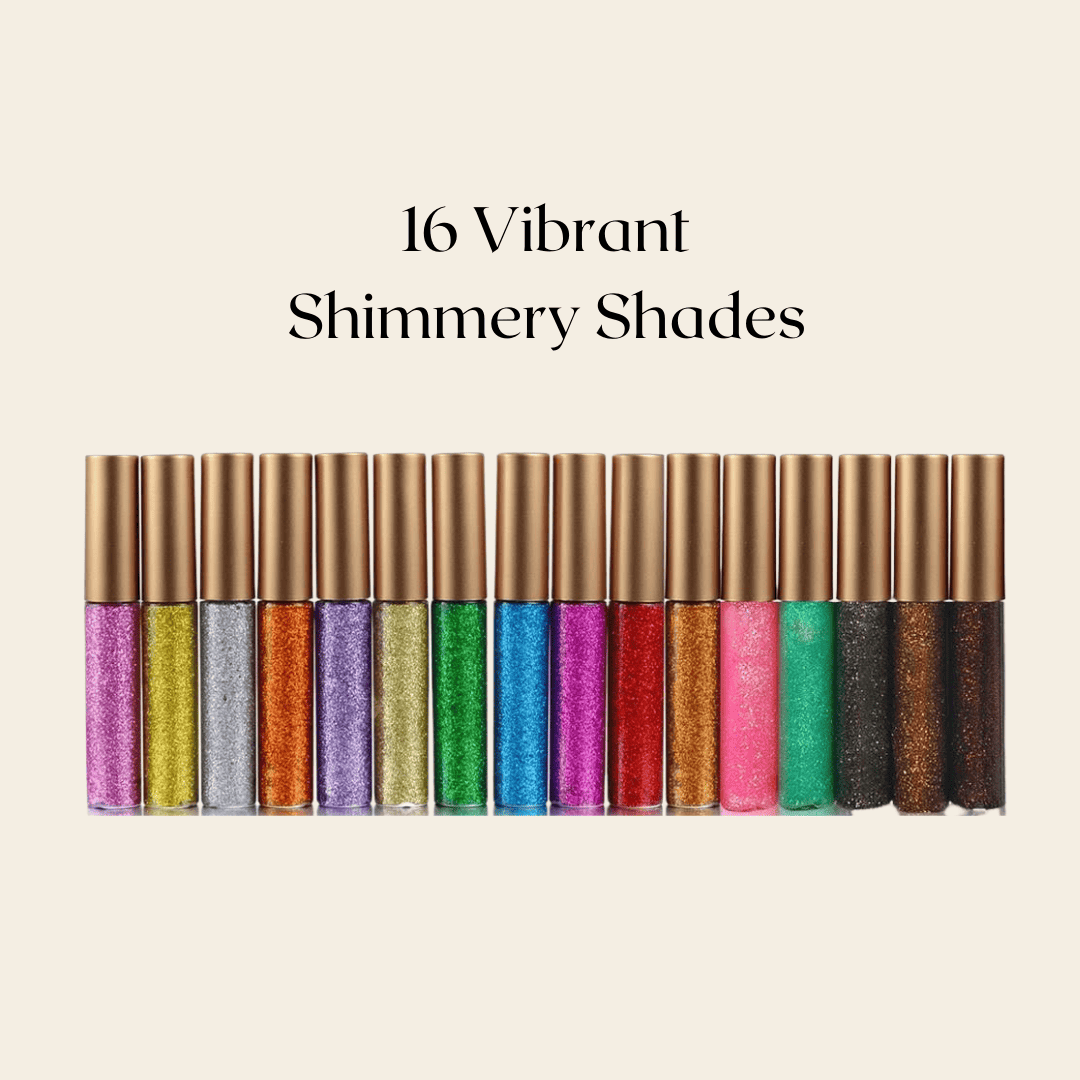 Glitter eyeliner tubes line-up in multiple vibrant colors, 16 shades