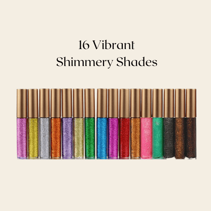 Glitter eyeliner tubes line-up in multiple vibrant colors, 16 shades