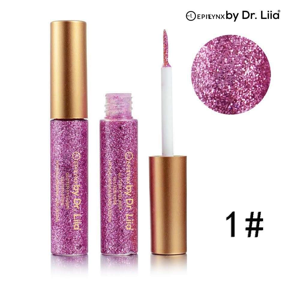 Glitter eyeliner set with pink-purple shimmer and pointed applicator tip.