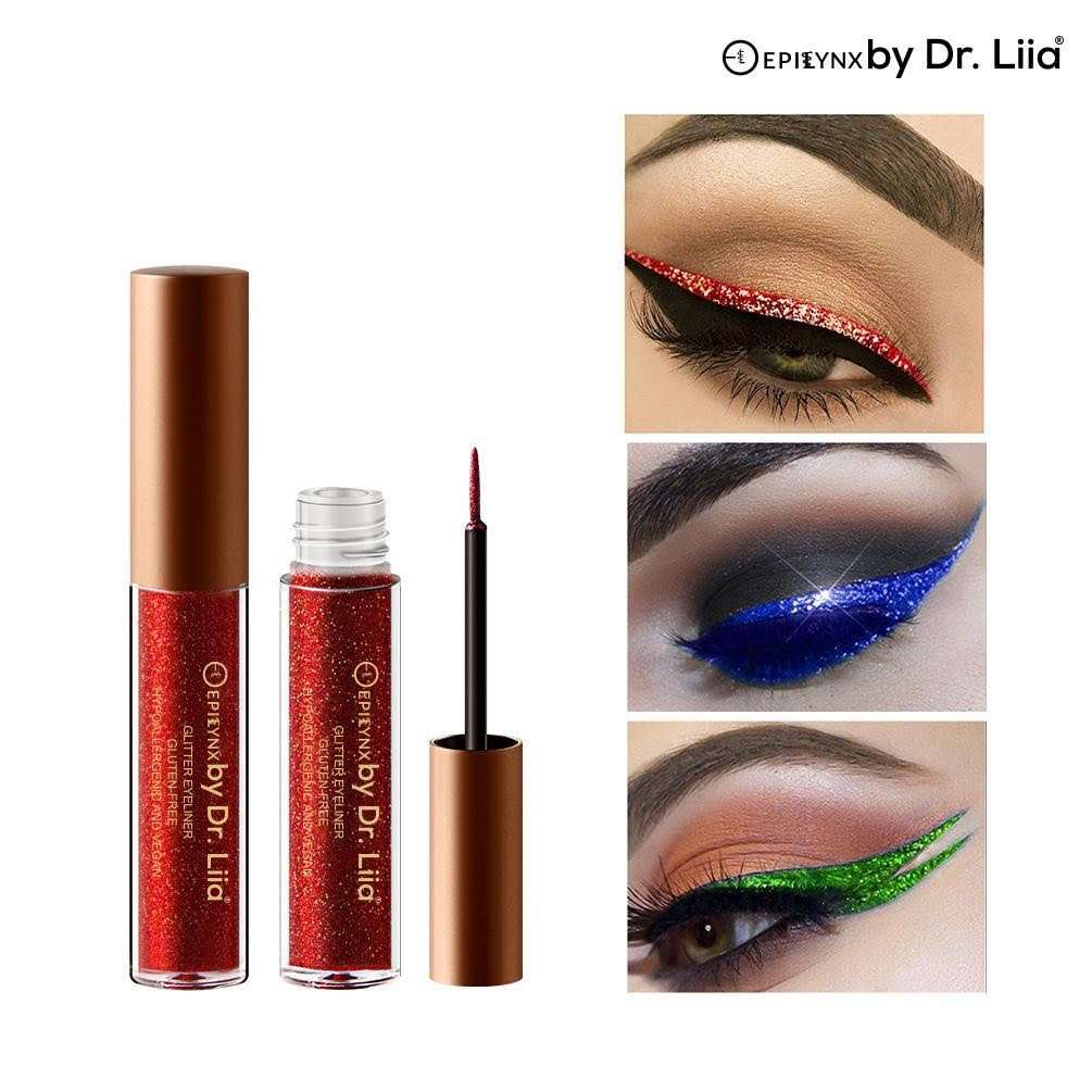 Red glitter eyeliner tube with applicator tip and matching bottle