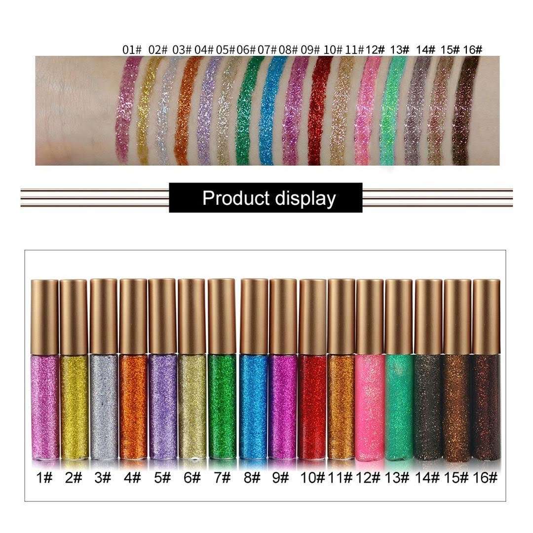 Glitter eyeliner color swatches and bottles in a product display tray