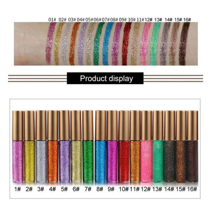 Glitter eyeliner color swatches and bottles in a product display tray