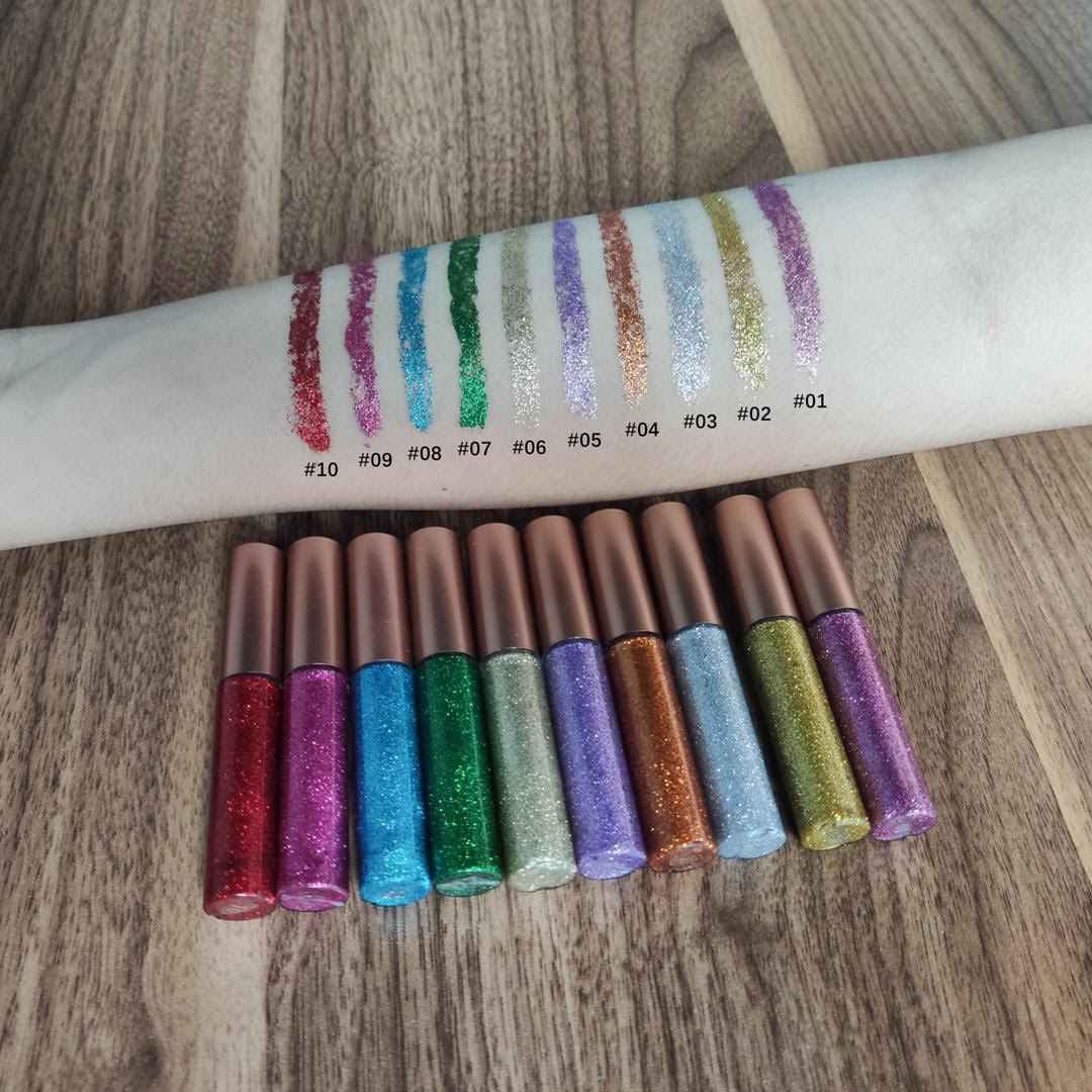 Glitter eyeliner shade swatches with multiple colored vials and numbered strip