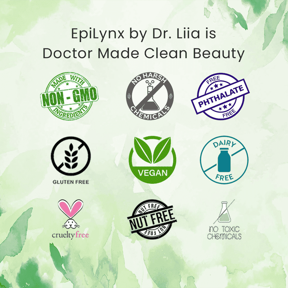 Free-from and vegan badge icons on glitter eyeliner product packaging