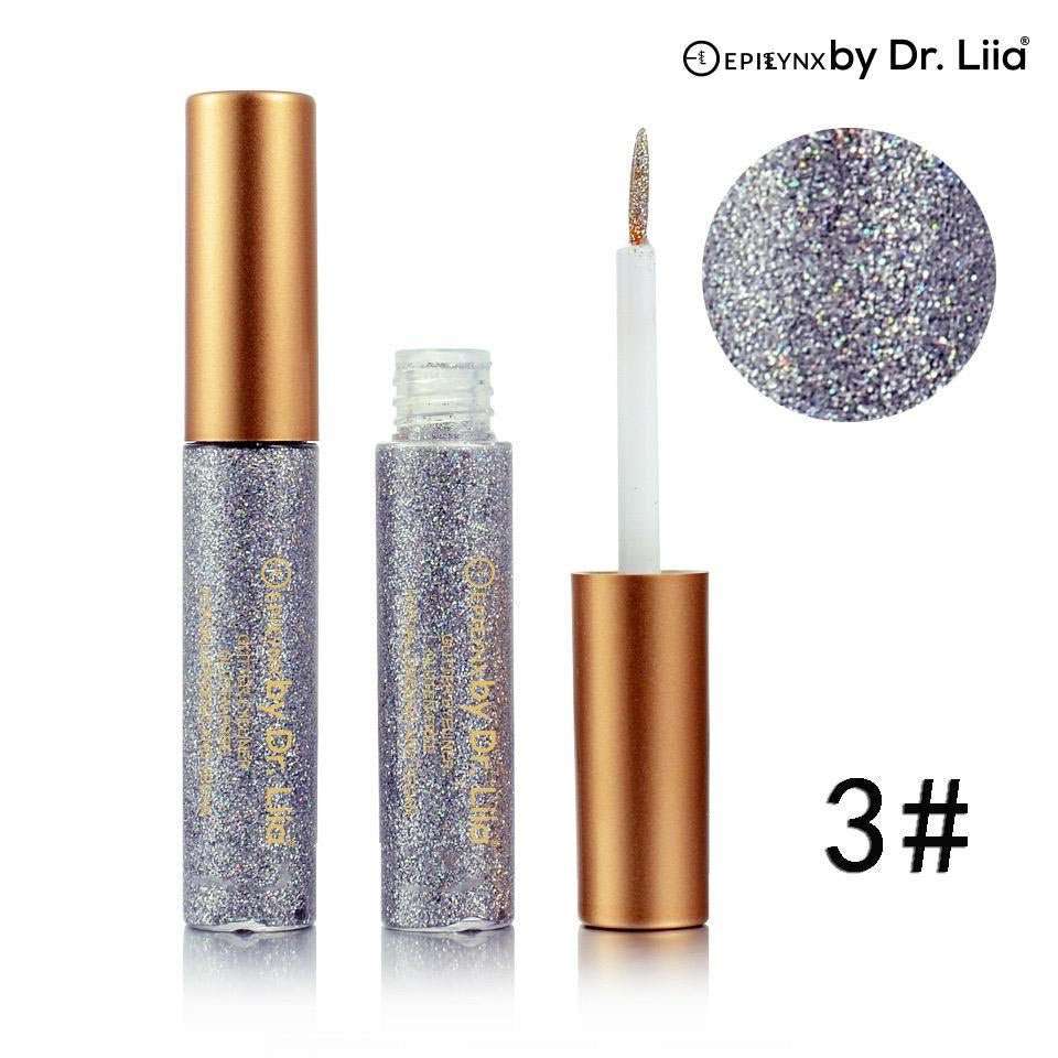 Glitter eyeliner set with silver-gray sparkle and pointed applicator tip.