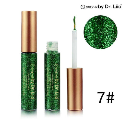 Glitter eyeliner set with green glitter sparkle and pointed applicator tip.
