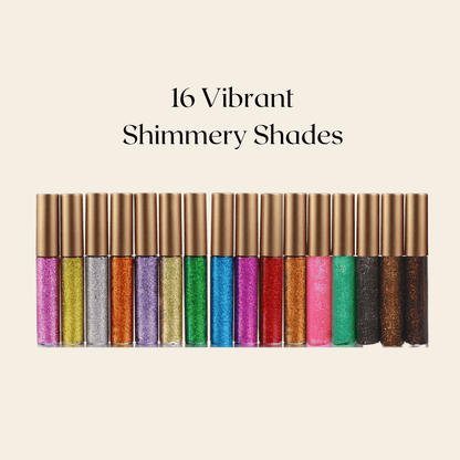Glitter eyeliner tubes line-up in multiple vibrant colors, 16 shades