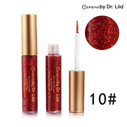 Glitter eyeliner set with deep red shimmer and pointed applicator tip.