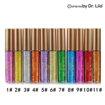 Row of glitter eyeliner tubes with gold caps in multiple colors