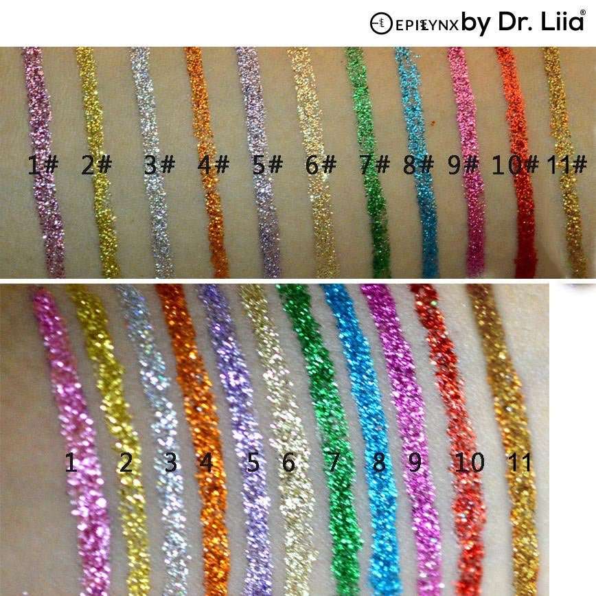 Multicolor glitter eyeliner swatches on skin with shade numbers 1–11