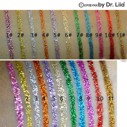 Multicolor glitter eyeliner swatches on skin with shade numbers 1–11