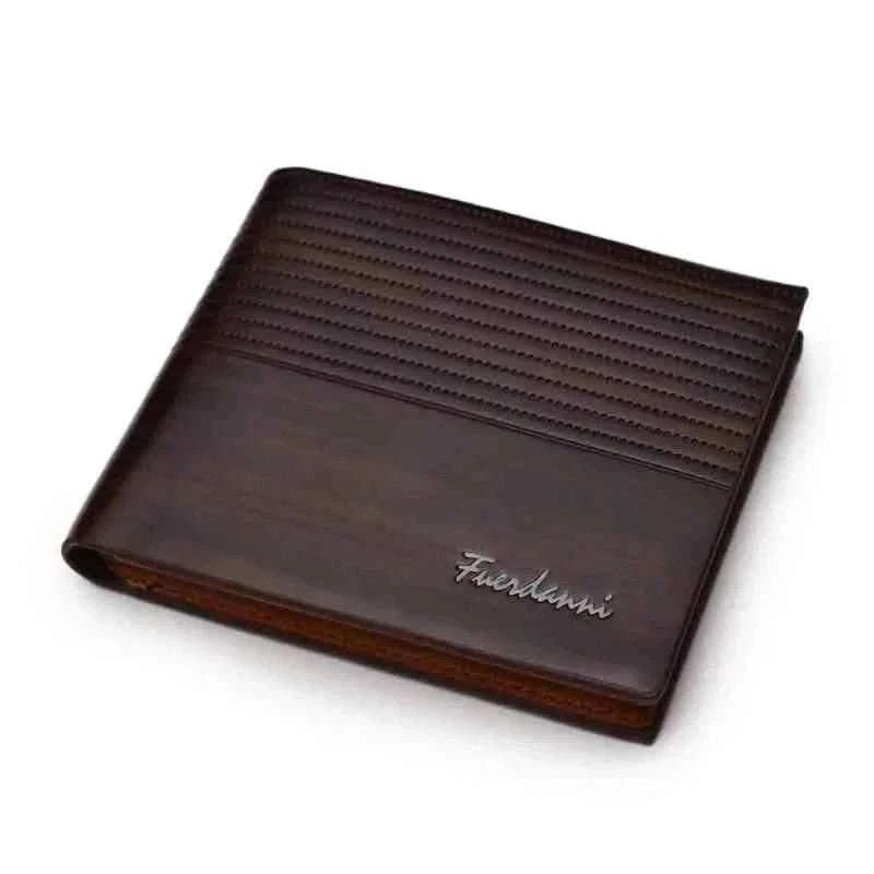 Short vintage credit card holder wallet, deep brown with logo and stitched front