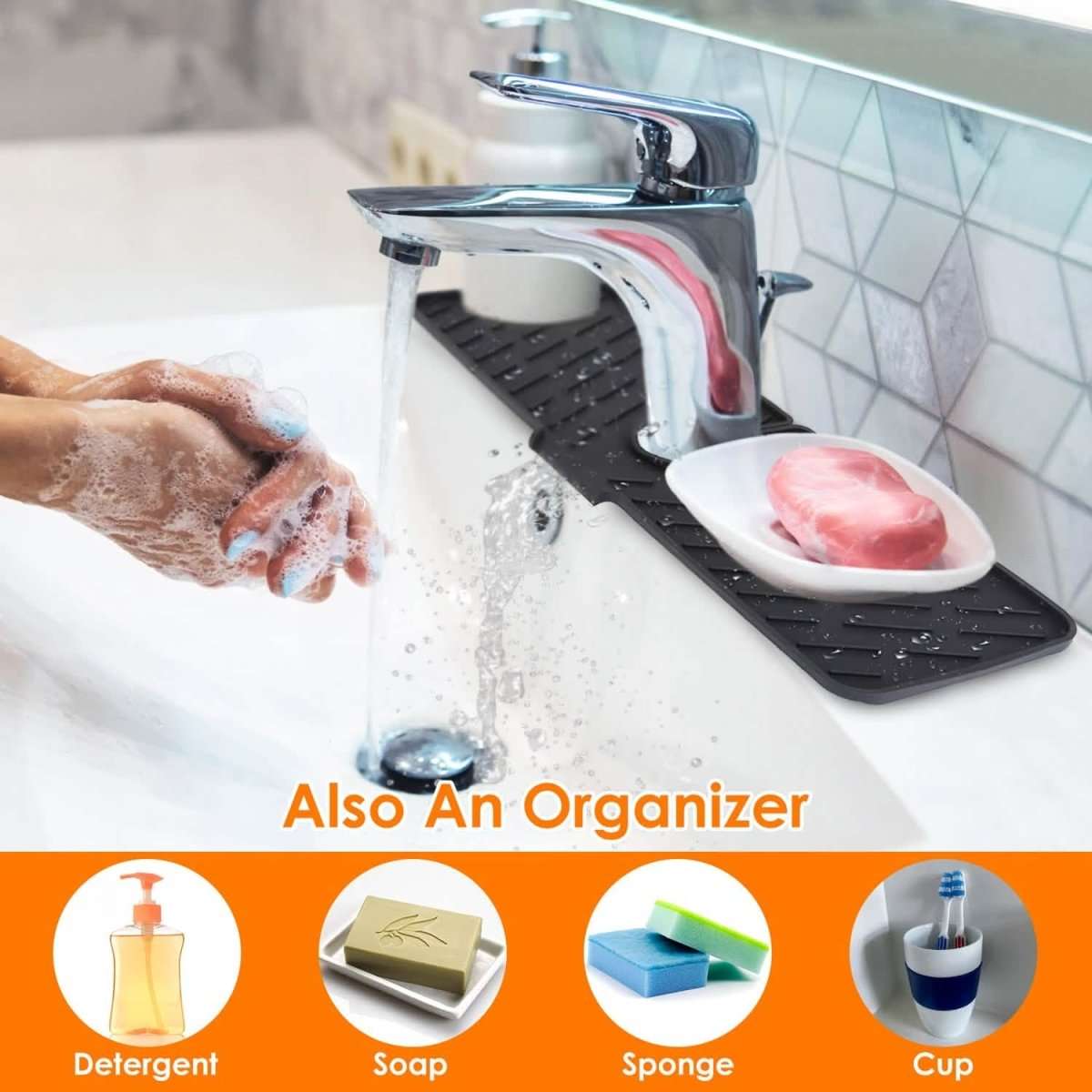 Black silicone faucet splash mat with center cutout and built-in soap or sponge area