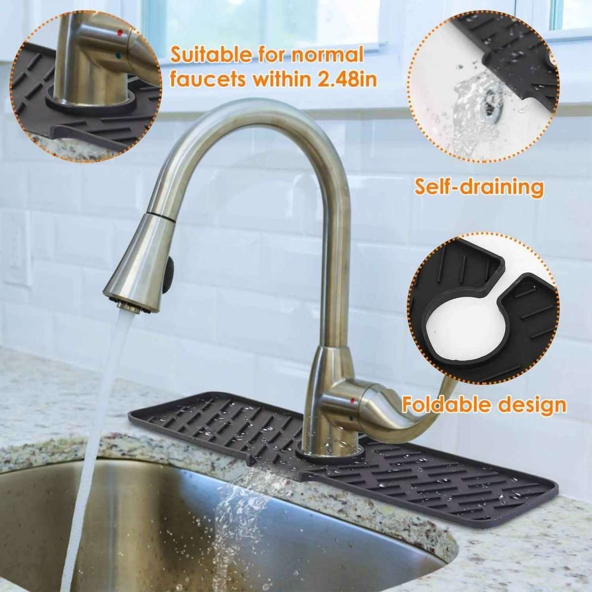 Silicone faucet splash mat with center hole and ridged draining surface under faucet