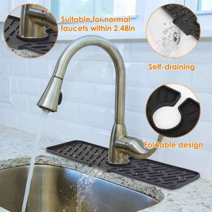Silicone faucet splash mat with center hole and ridged draining surface under faucet