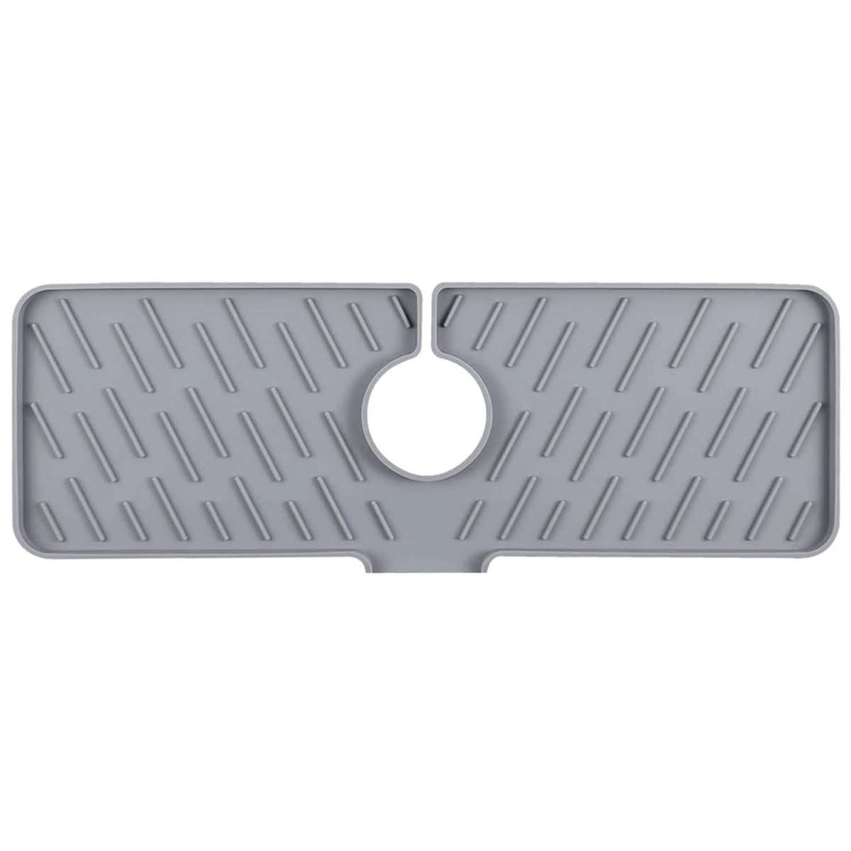 Silicone faucet kitchen sink mat in gray, with center faucet hole and drain ridges