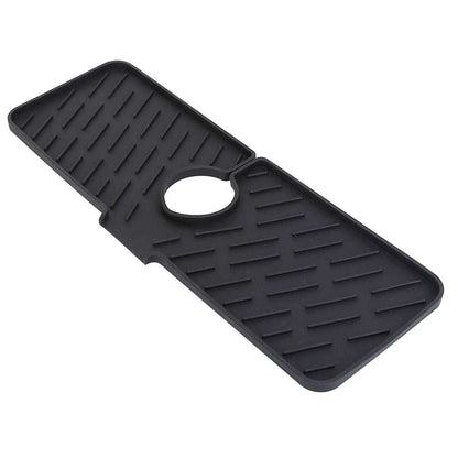 Black silicone faucet kitchen sink mat with center cutout and non-slip drain ridges