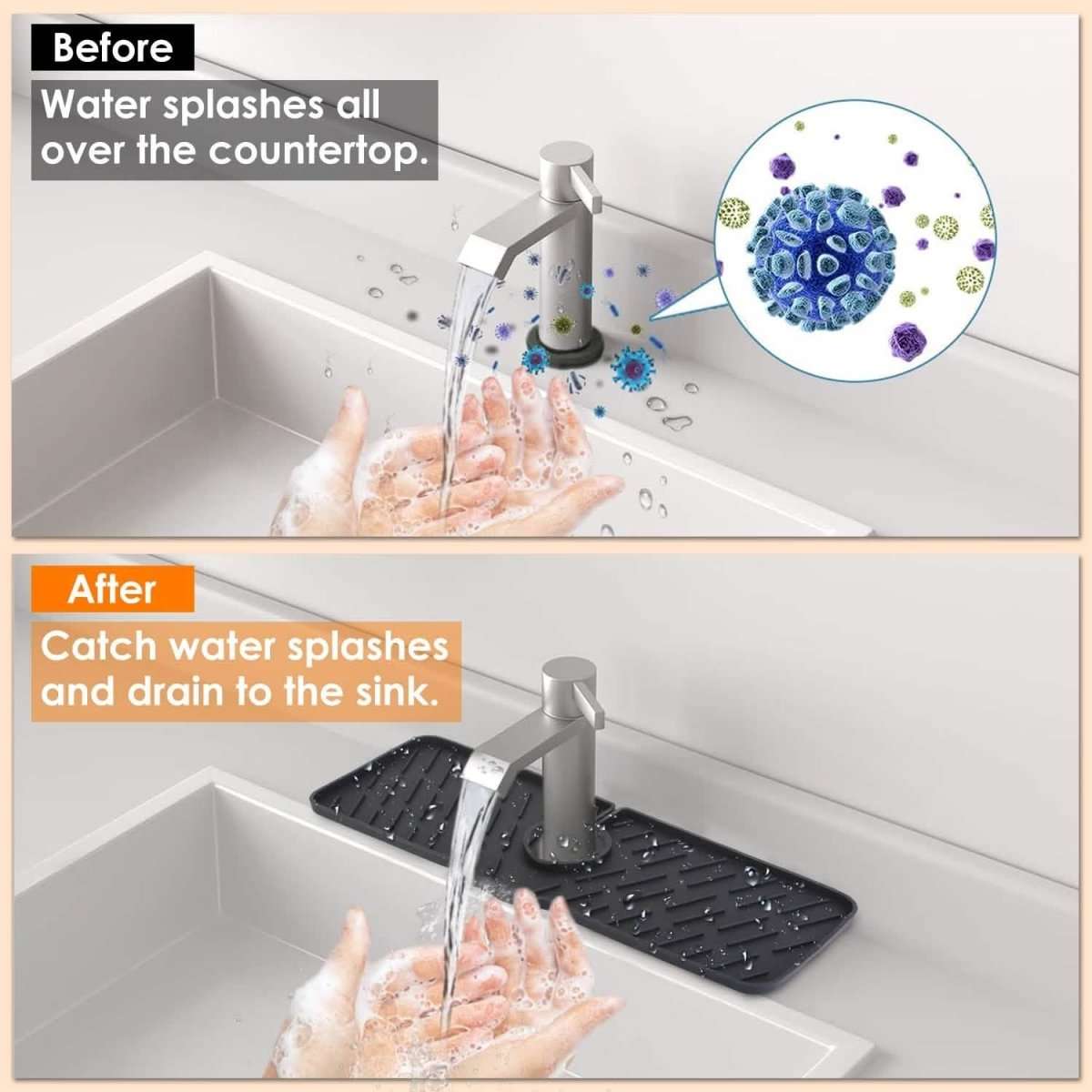 Black silicone faucet splash mat with center cutout to catch water splashes and drain