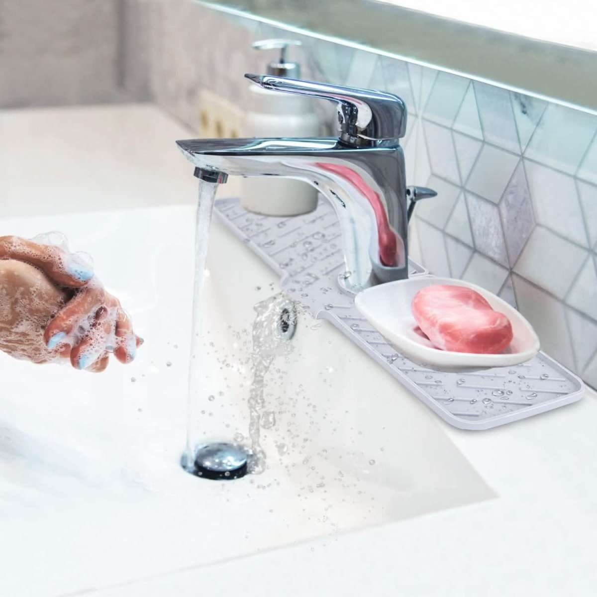 White silicone sink mat with faucet hole and textured water-drain channels