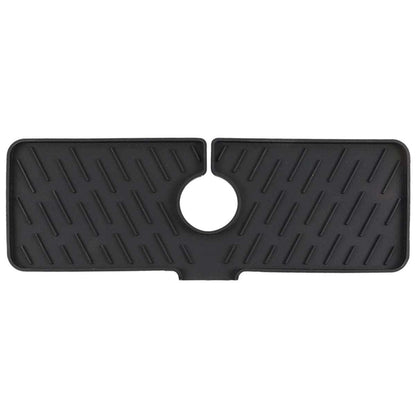 Black silicone faucet kitchen sink mat with center faucet hole and raised drain texture