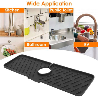 Black silicone sink mat with faucet cutout and raised drainage ridges