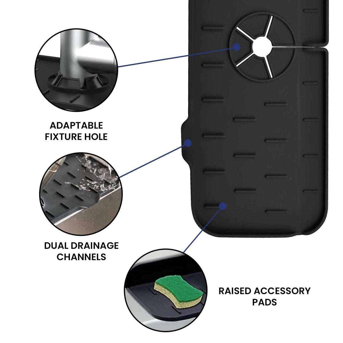 Black silicone sink mat with raised pads, dual drainage channels, faucet hole