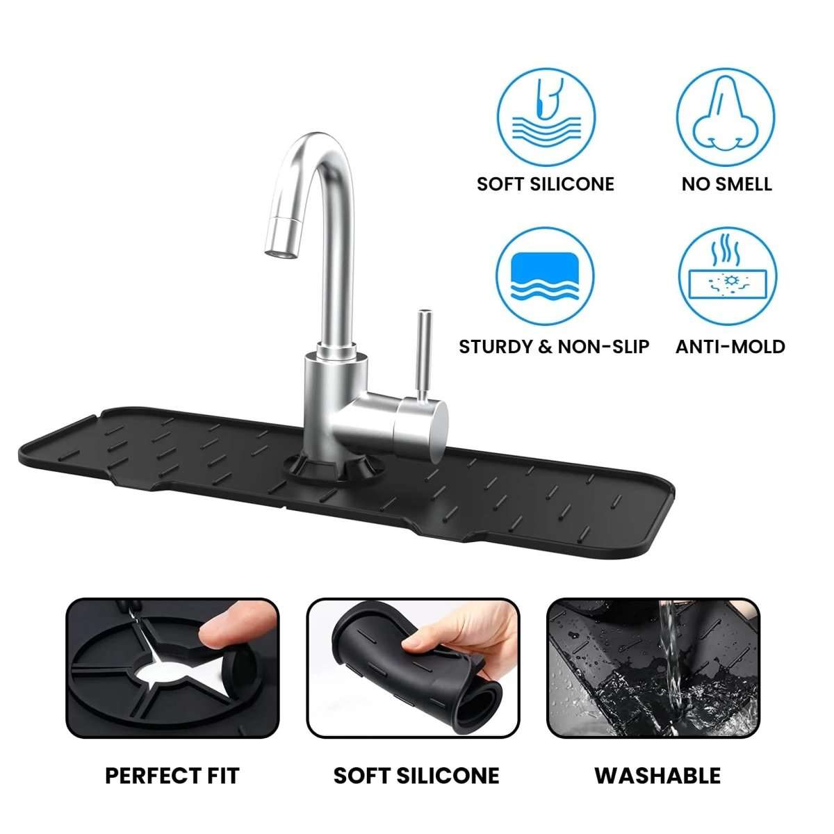 Black silicone sink splash guard tray under faucet with non-slip texture