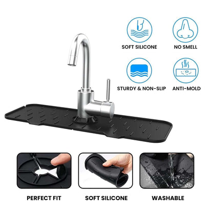 Black silicone sink splash guard tray under faucet with non-slip texture