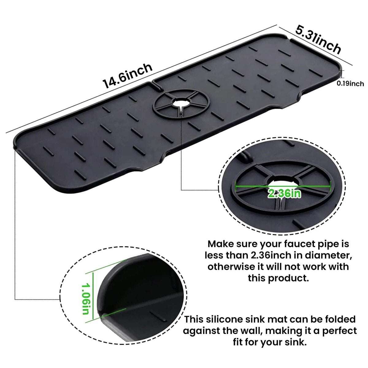 Black silicone sink mat tray with slotted channels and center faucet hole