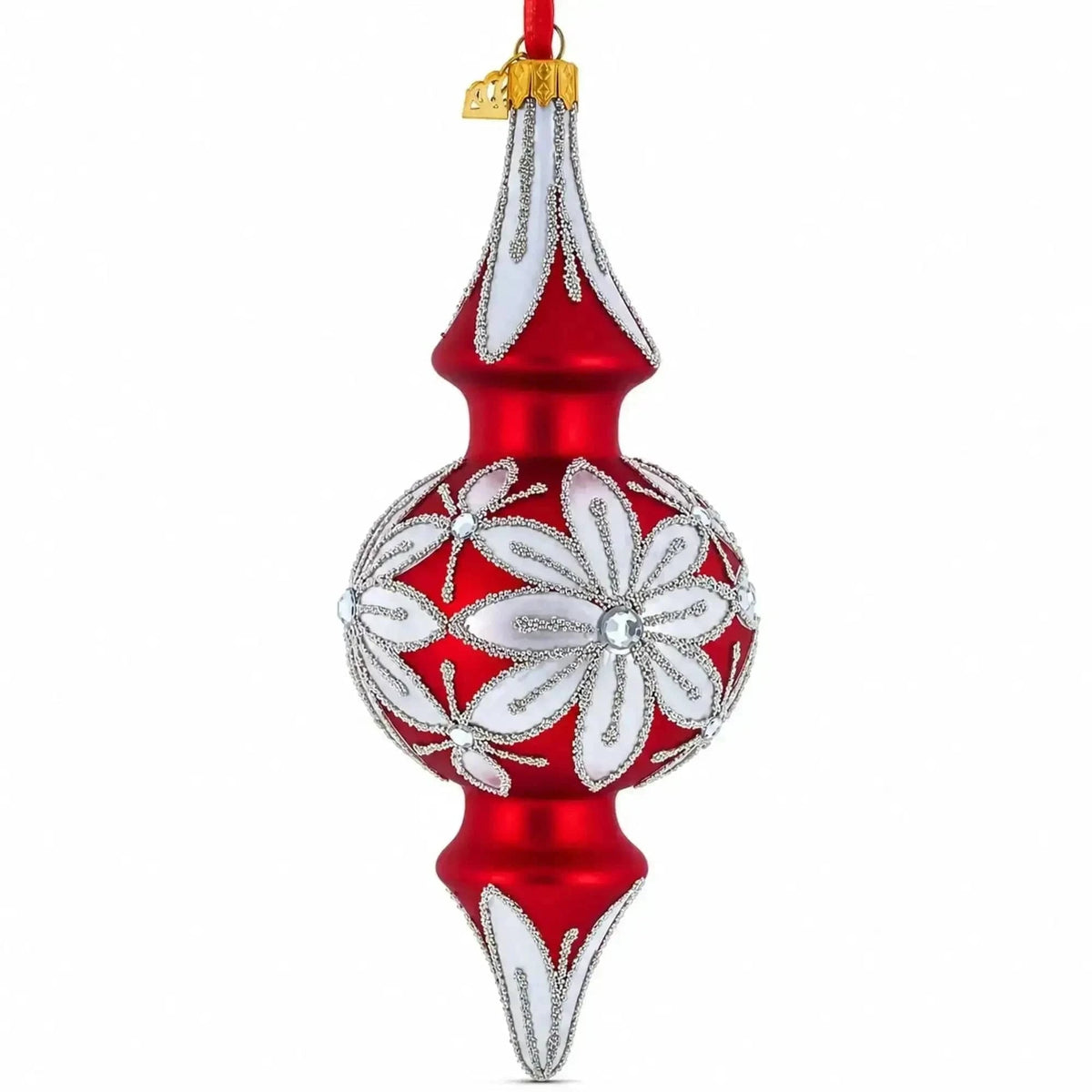 Silver Jeweled Poinsettia Bloom Double-Ended Finial Drop Glass Christmas Ornament Cartsfy Inc.