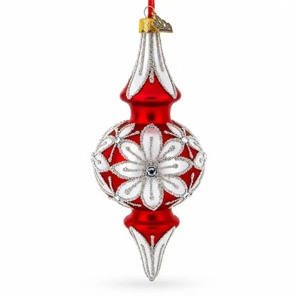 Silver Jeweled Poinsettia Bloom Double-Ended Finial Drop Glass Christmas Ornament Cartsfy Inc.