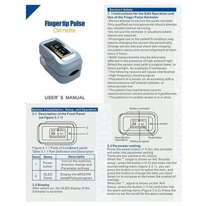 User manual and retail box for finger fingertip pulse oximeter