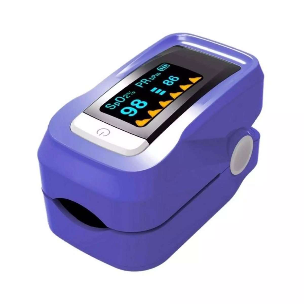 Gray finger pulse oximeter with OLED screen showing SpO2 and pulse