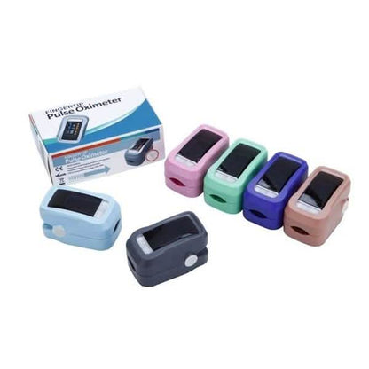 Set of fingertip pulse oximeters in multiple colors with packaging