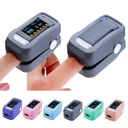 Gray fingertip pulse oximeter in hand, with other color models below