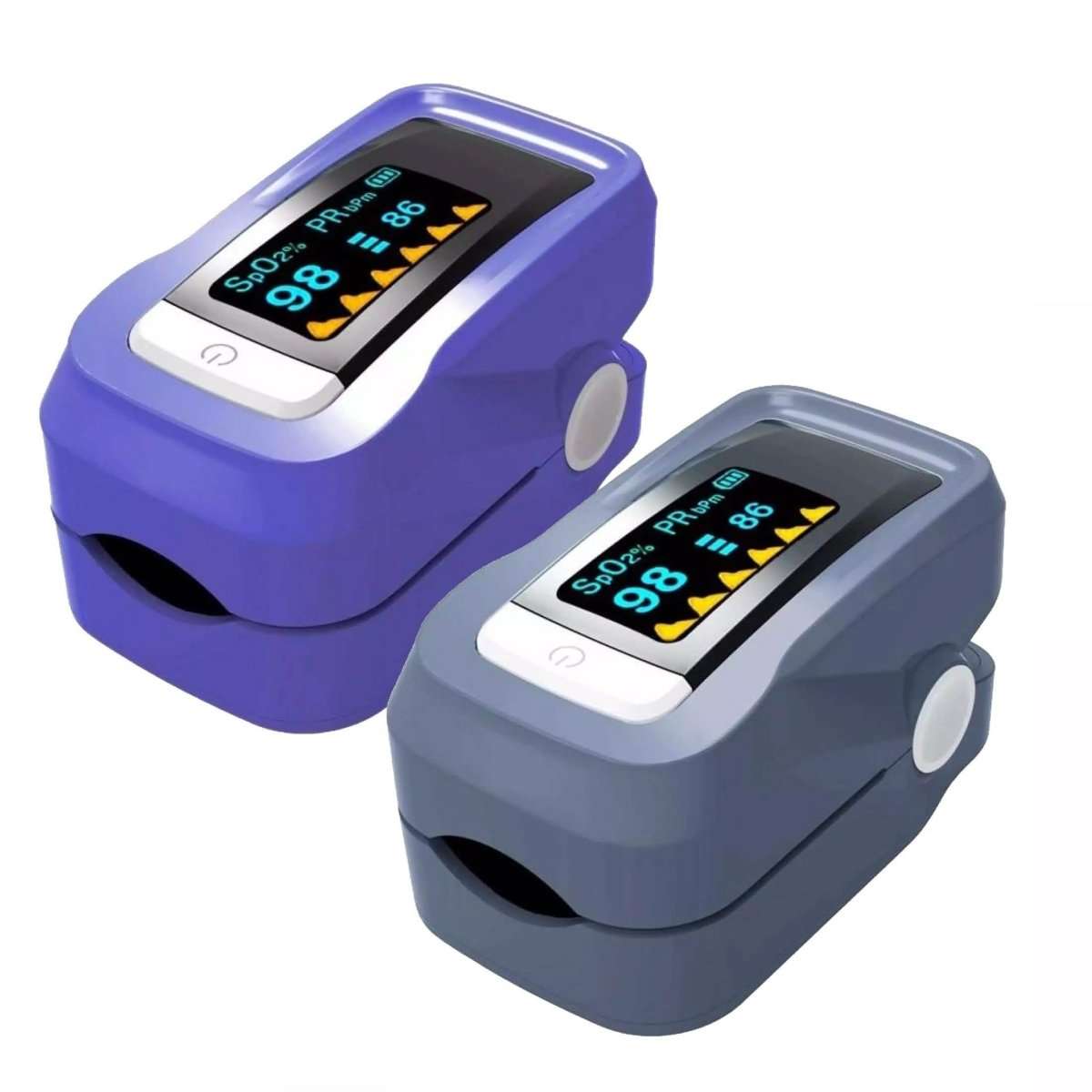 Blue finger pulse oximeter with OLED display and side grip
