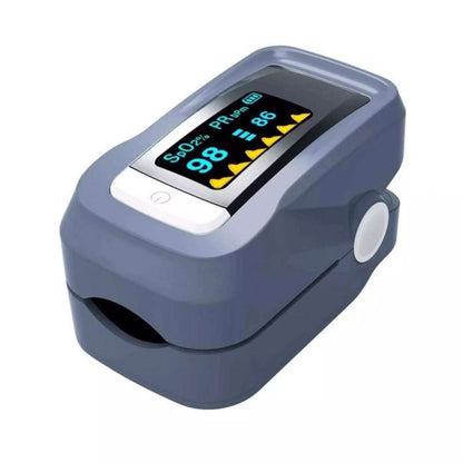 Gray finger pulse oximeter angled view with OLED display and sensor opening