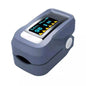 Gray finger pulse oximeter angled view with OLED display and sensor opening