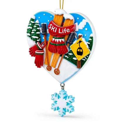 Ski Life Skis with Snowflake and Cable Car Resin Christmas Ornament