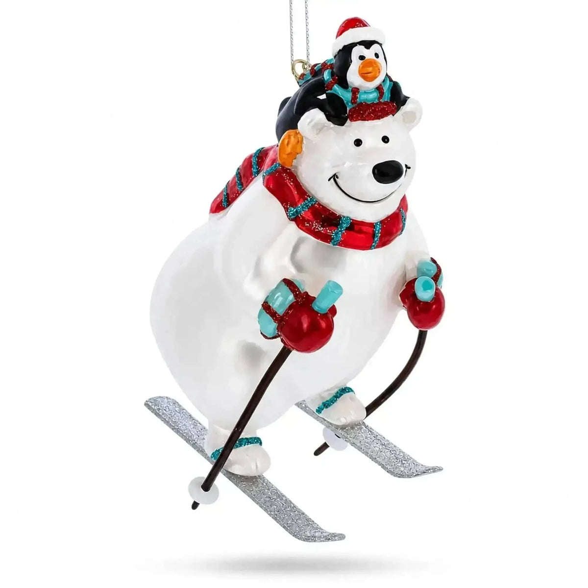 Skiing Polar Bear with Penguin Glass Christmas Ornament Cartsfy Inc.