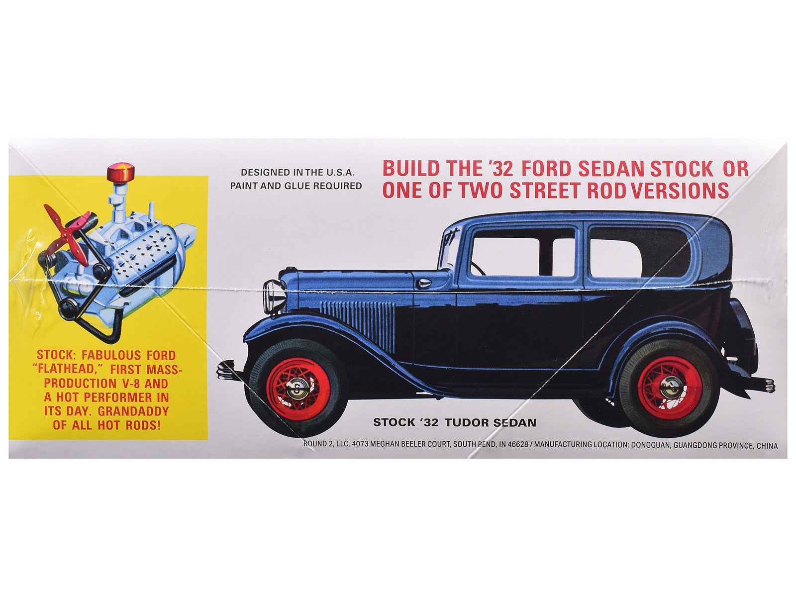 1/25 scale 1932 Ford Tudor Sedan model kit box art, blue car view