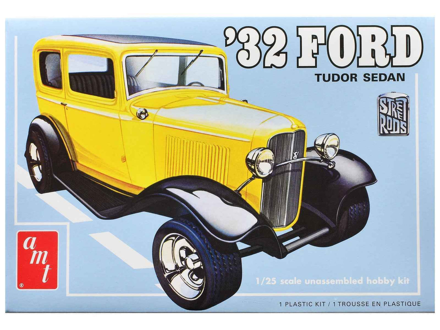 1932 Ford Tudor Sedan street rod 1/25 scale model kit in retail box, yellow car