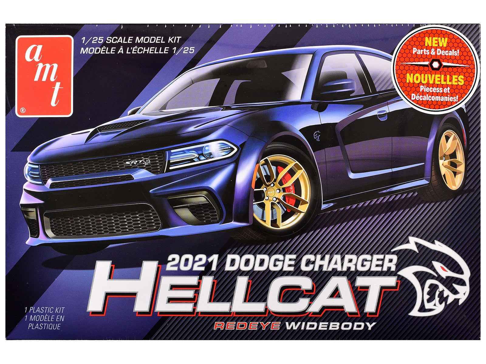 1/25 car model kit box with dark Charger Hellcat and gold wheels, front view